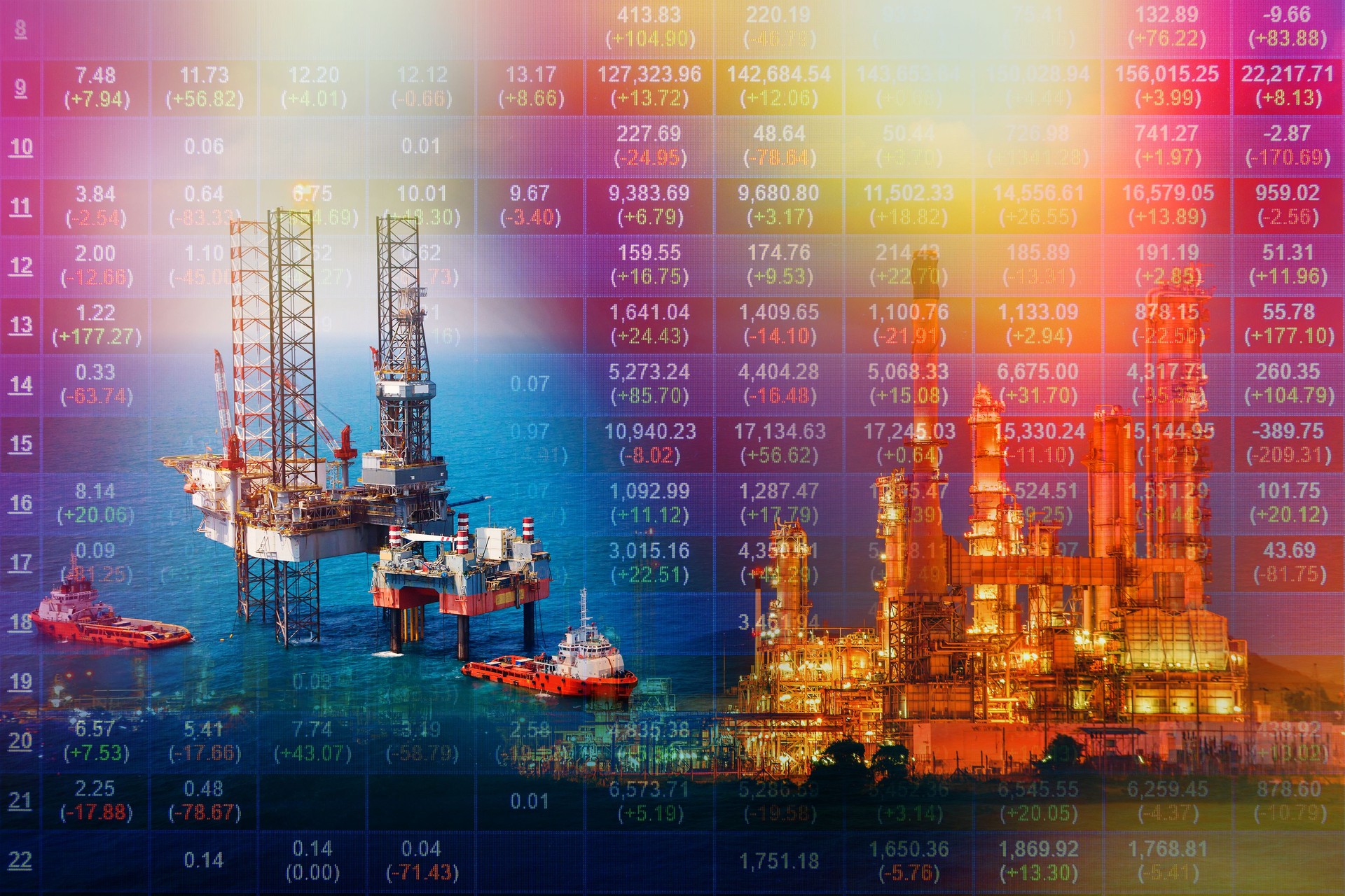 Energy crisis concept with oil rig and oil refinery industry background,Double exposure.